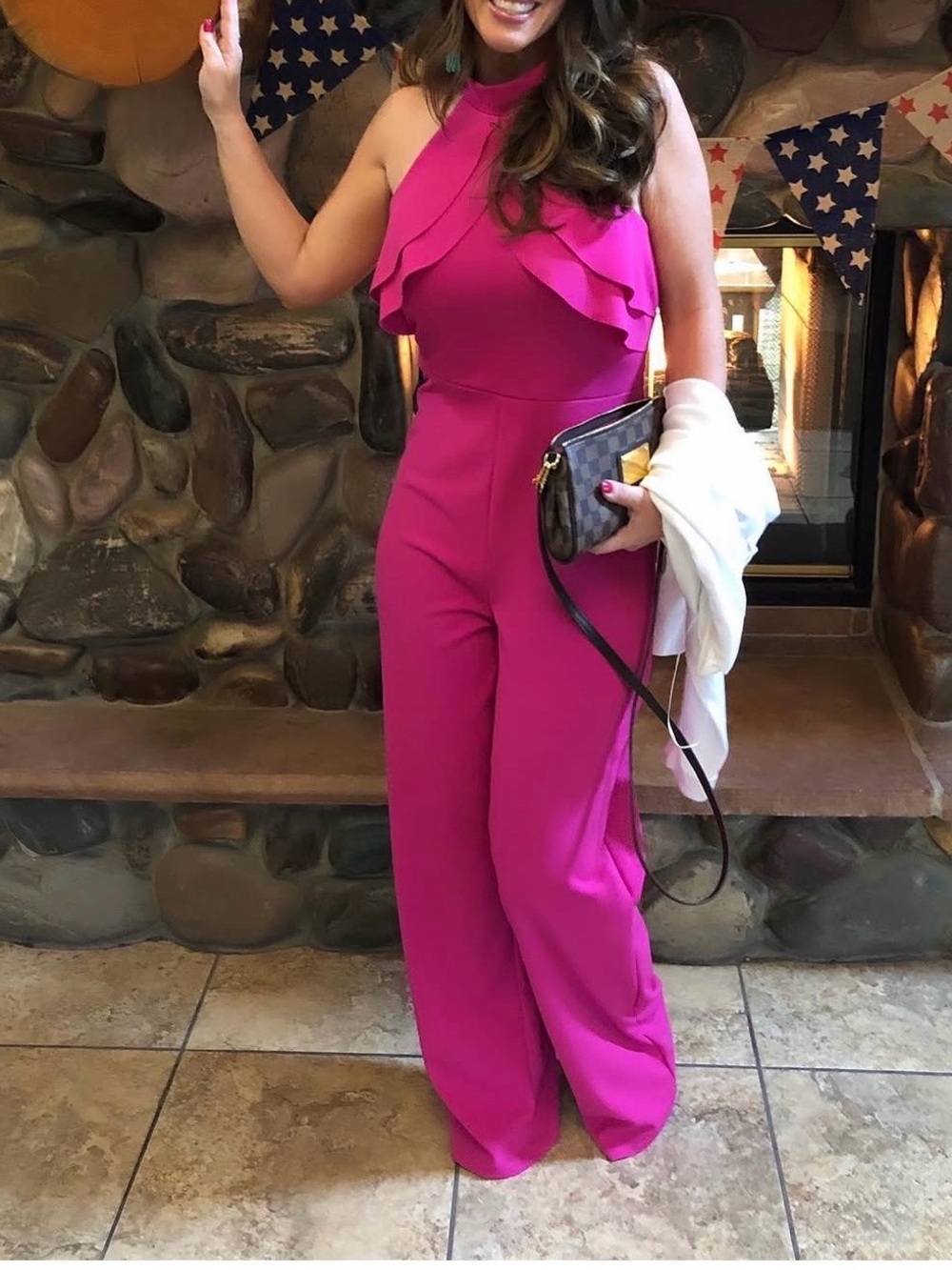 bebe Hot Pink Ruffled Halter Wide-Leg Jumpsuit